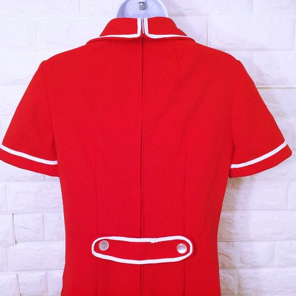 Vintage 60s-70s Uniform Dress Waitress Service -M(8) Knit Polyester Red White - Picture 7 of 10